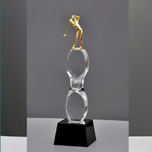 Crystal Glass Golf Trophy with a gold-colored golfer figurine on top