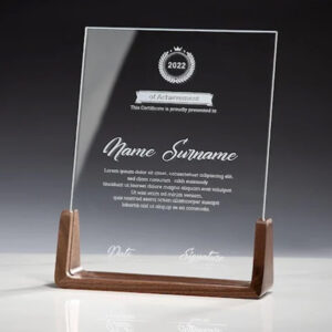 Crystal Award Plaque with Wooden Base.